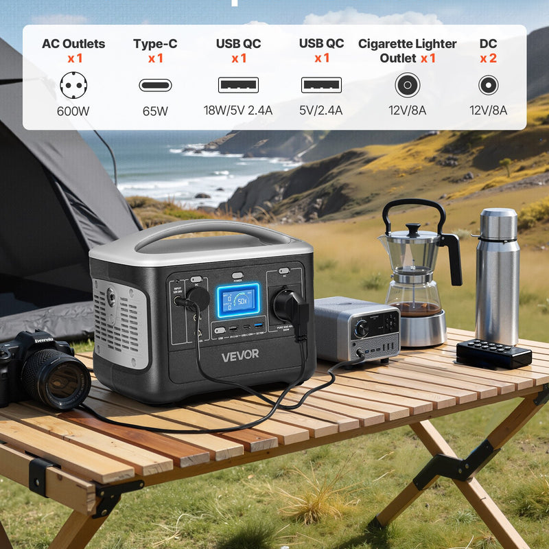 VEVOR pārnēsājama elektroenerģijas stacija 600 W ar 493 Wh LiFePO4 akumulatoru, saules ģeneratora akumulatoru stacija ar 7 izejas portiem mājas avārijas barošanai, kempingam un RV ceļojumiem (saules panelis nav iekļauts)