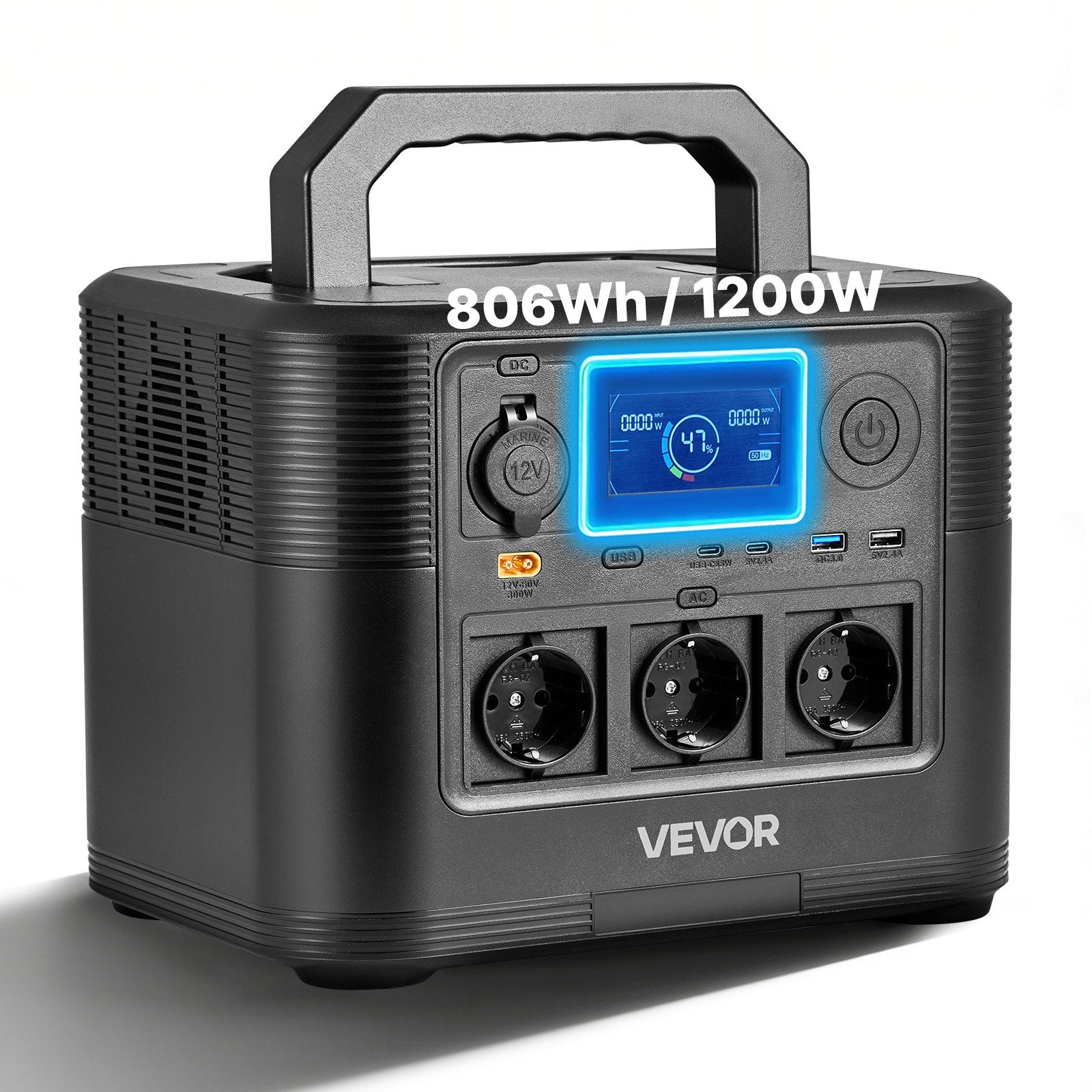 VEVOR 1200 W Portable Power Station with an 806 Wh LiFePO4 Battery, Solar Power Station with 9 Output Ports for Home Emergency Power Supply, camping, and RV trips (solar panel not included)