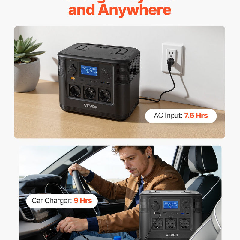 VEVOR pārnēsājama elektroenerģijas stacija 1200 W ar 806 Wh LiFePO4 akumulatoru, saules ģeneratora akumulatoru stacija ar 9 izejas portiem mājas avārijas barošanai, kempingam un RV ceļojumiem (saules panelis nav iekļauts)