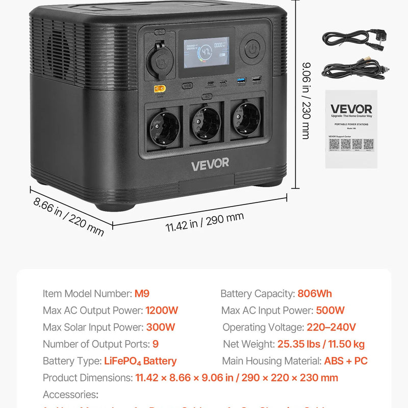 VEVOR pārnēsājama elektroenerģijas stacija 1200 W ar 806 Wh LiFePO4 akumulatoru, saules ģeneratora akumulatoru stacija ar 9 izejas portiem mājas avārijas barošanai, kempingam un RV ceļojumiem (saules panelis nav iekļauts)