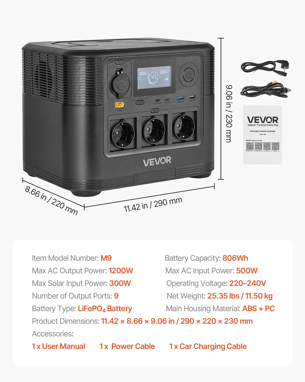 VEVOR pārnēsājama elektroenerģijas stacija 1200 W ar 806 Wh LiFePO4 akumulatoru, saules ģeneratora akumulatoru stacija ar 9 izejas portiem mājas avārijas barošanai, kempingam un RV ceļojumiem (saules panelis nav iekļauts)