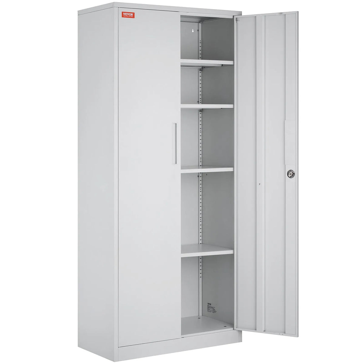 Metāla skapis ar 2 magnētiskām durvīm un 4 regulējamiem plauktiem, 180 cm, nestspēja 90 kg uz plaukta, ar slēdzeni un 3 atslēgām, birojam, mājai, garāžai, balts