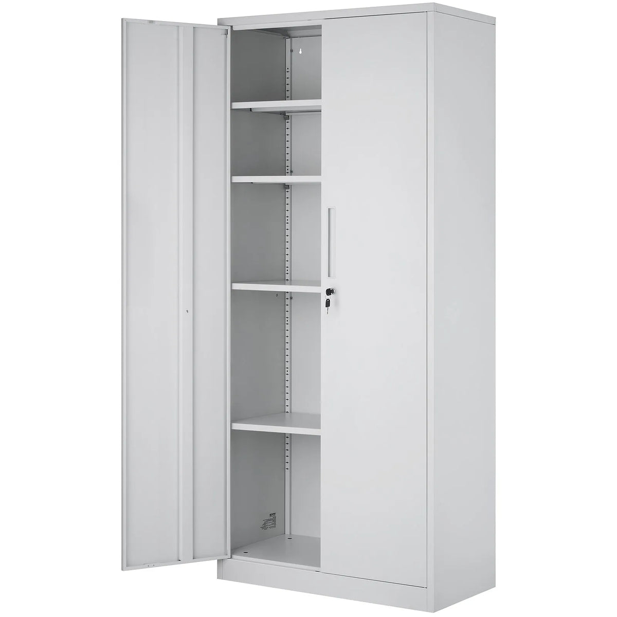Metāla skapis ar 2 magnētiskām durvīm un 4 regulējamiem plauktiem, 180 cm, nestspēja 90 kg uz plaukta, ar slēdzeni un 3 atslēgām, birojam, mājai, garāžai, balts