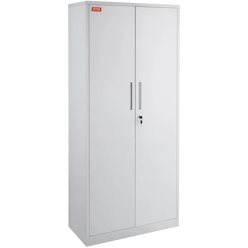 Metāla skapis ar 2 magnētiskām durvīm un 4 regulējamiem plauktiem, 180 cm, nestspēja 90 kg uz plaukta, ar slēdzeni un 3 atslēgām, birojam, mājai, garāžai, balts