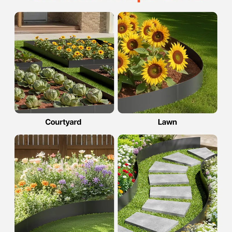 VEVOR tērauda dārza apmale, 6 gab., 1016 × 203 mm pret koroziju izturīga metāla ainavu apmale, lokāma dārza apmales mala, izturīga zāliena apmale, viegli uzstādāma puķu dobju, pagalma un celiņu atdalīšanai, melna