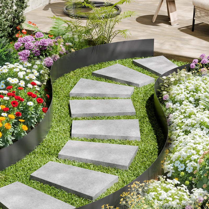 VEVOR tērauda dārza apmale, 6 gab., 1016 × 203 mm pret koroziju izturīga metāla ainavu apmale, lokāma dārza apmales mala, izturīga zāliena apmale, viegli uzstādāma puķu dobju, pagalma un celiņu atdalīšanai, melna