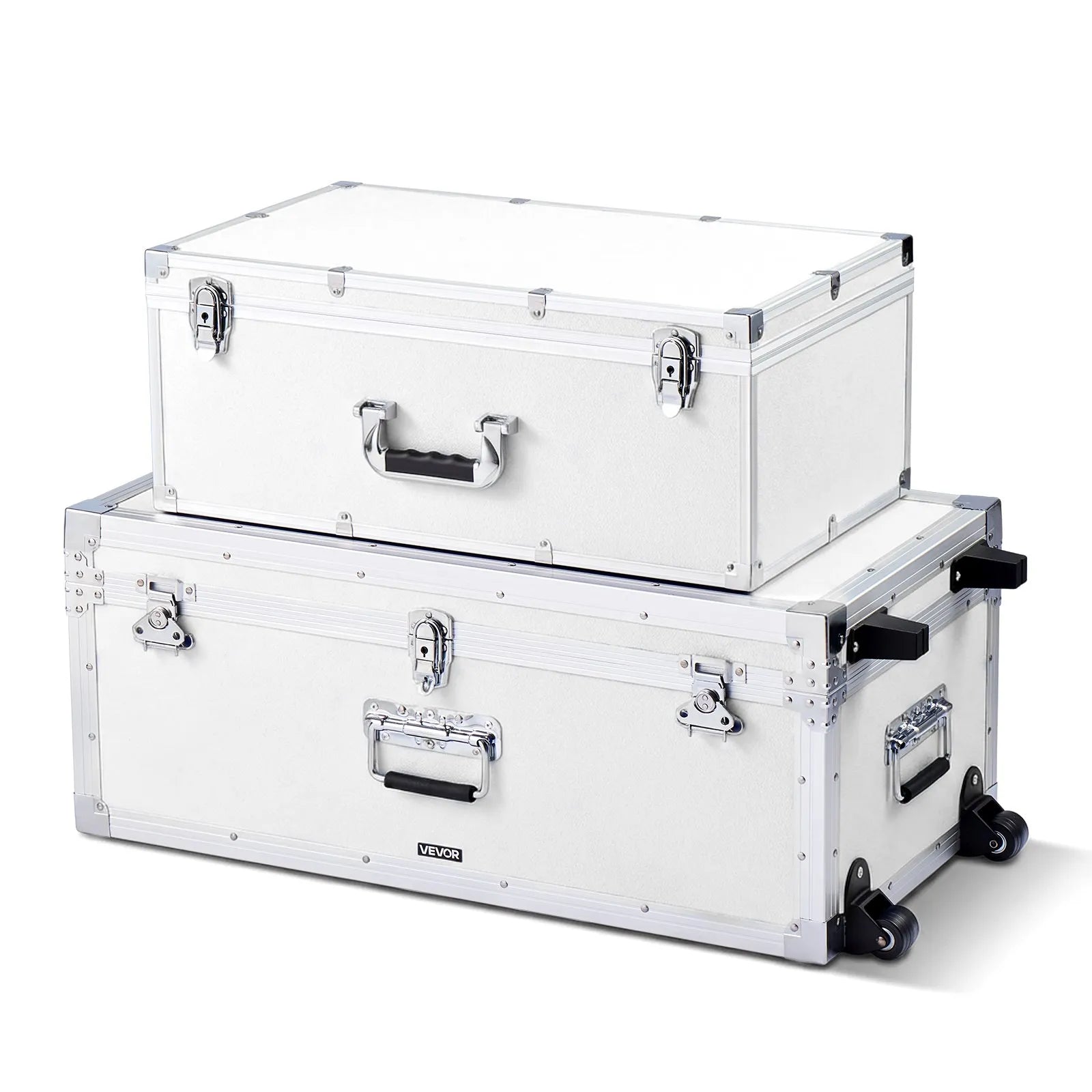 VEVOR metal storage chests, 2-piece set with wood finish and padlocks, large box with wheels and 3 metal handles, decorative storage boxes with lids for travel, apartments, and dorms, white