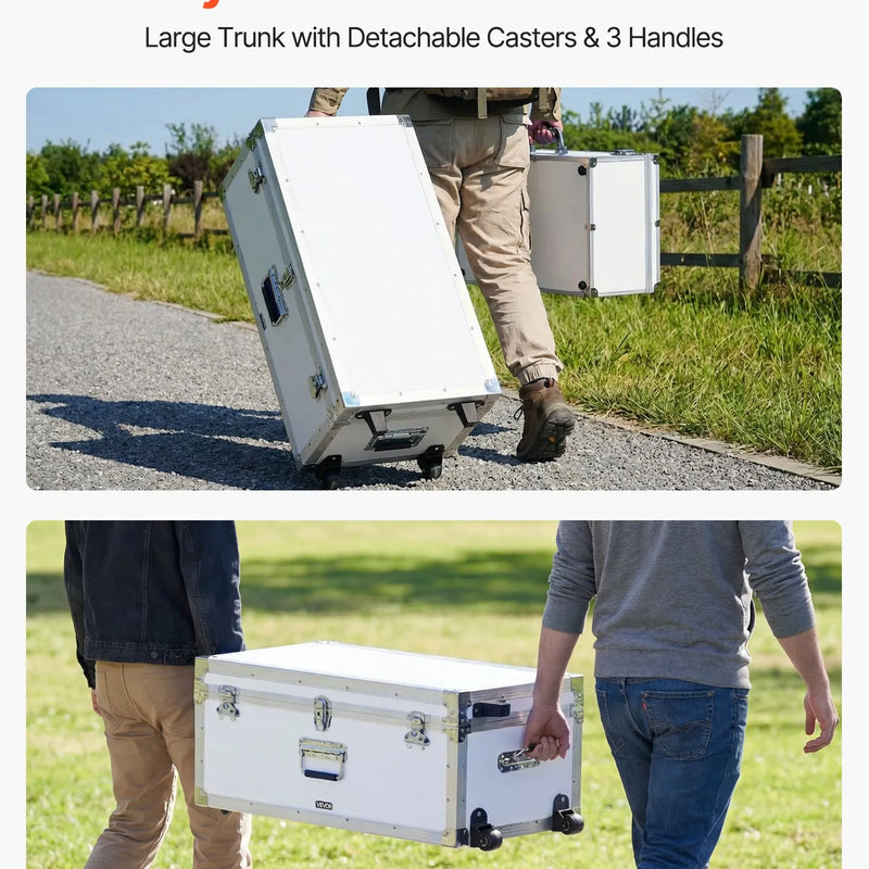 VEVOR metāla uzglabāšanas lādes, 2 gab. komplekts ar koka apdari un piekaramām slēdzenēm, lielā lāde ar riteņiem un 3 metāla rokturiem, dekoratīvas uzglabāšanas kastes ar vākiem ceļošanai, dzīvoklim un kopmītnei, balta