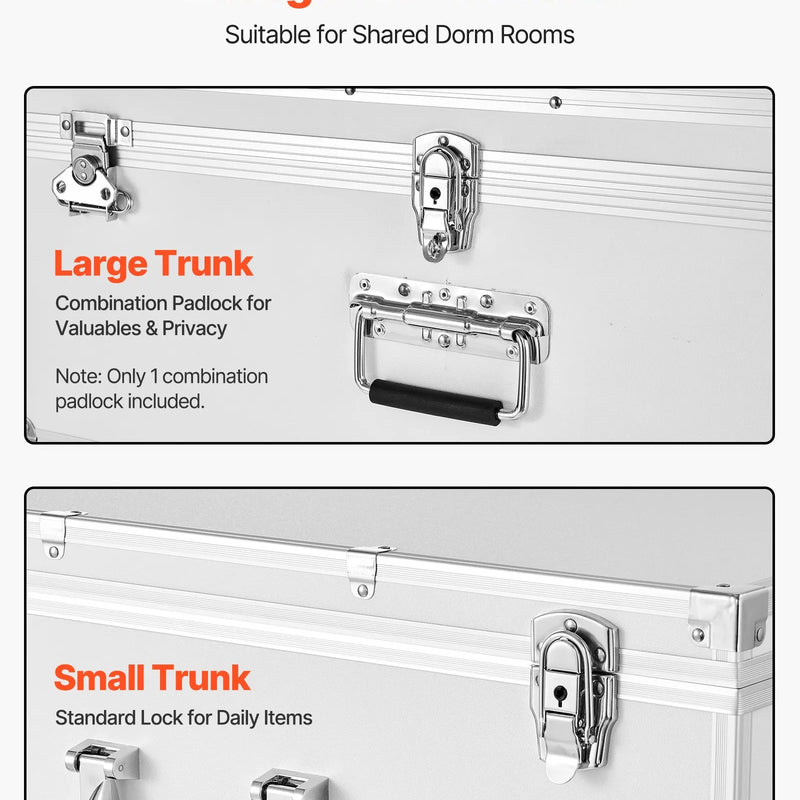 VEVOR metāla uzglabāšanas lādes, 2 gab. komplekts ar koka apdari un piekaramām slēdzenēm, lielā lāde ar riteņiem un 3 metāla rokturiem, dekoratīvas uzglabāšanas kastes ar vākiem ceļošanai, dzīvoklim un kopmītnei, balta