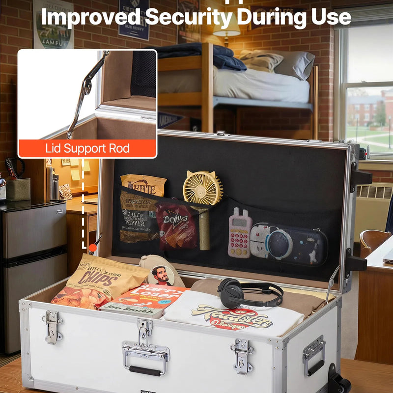 VEVOR metāla uzglabāšanas lādes, 2 gab. komplekts ar koka apdari un piekaramām slēdzenēm, lielā lāde ar riteņiem un 3 metāla rokturiem, dekoratīvas uzglabāšanas kastes ar vākiem ceļošanai, dzīvoklim un kopmītnei, balta