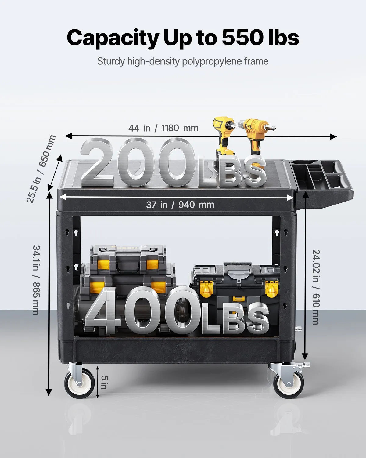 VEVOR 2 plauktu lielas slodzes plastmasas saimniecības ratiņi, 249,5 kg, 94 × 64,5 cm, ar 360° grozāmiem riteņiem un bremzēm