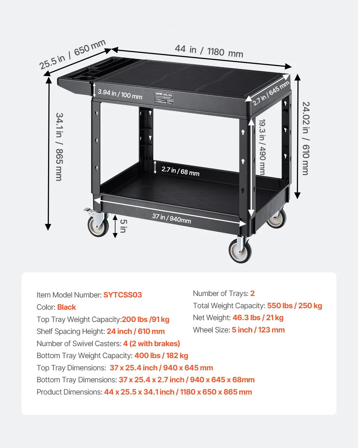 VEVOR 2 plauktu lielas slodzes plastmasas saimniecības ratiņi, 249,5 kg, 94 × 64,5 cm, ar 360° grozāmiem riteņiem un bremzēm