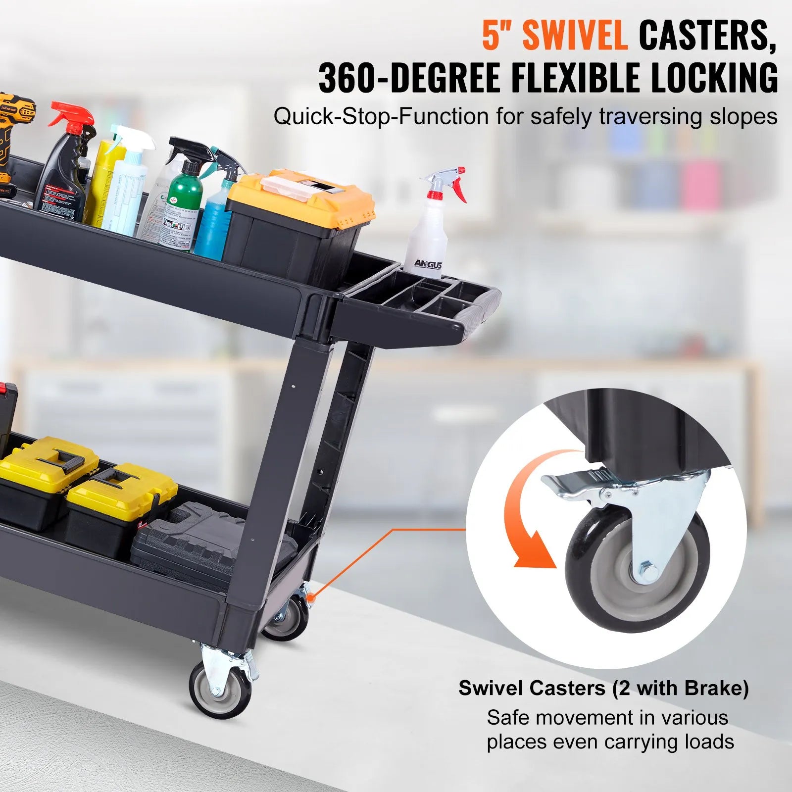 VEVOR 2 plauktu lielas slodzes plastmasas servisa ratiņi, 249,5 kg, ar 360° grozāmiem riteņiem un bremzēm