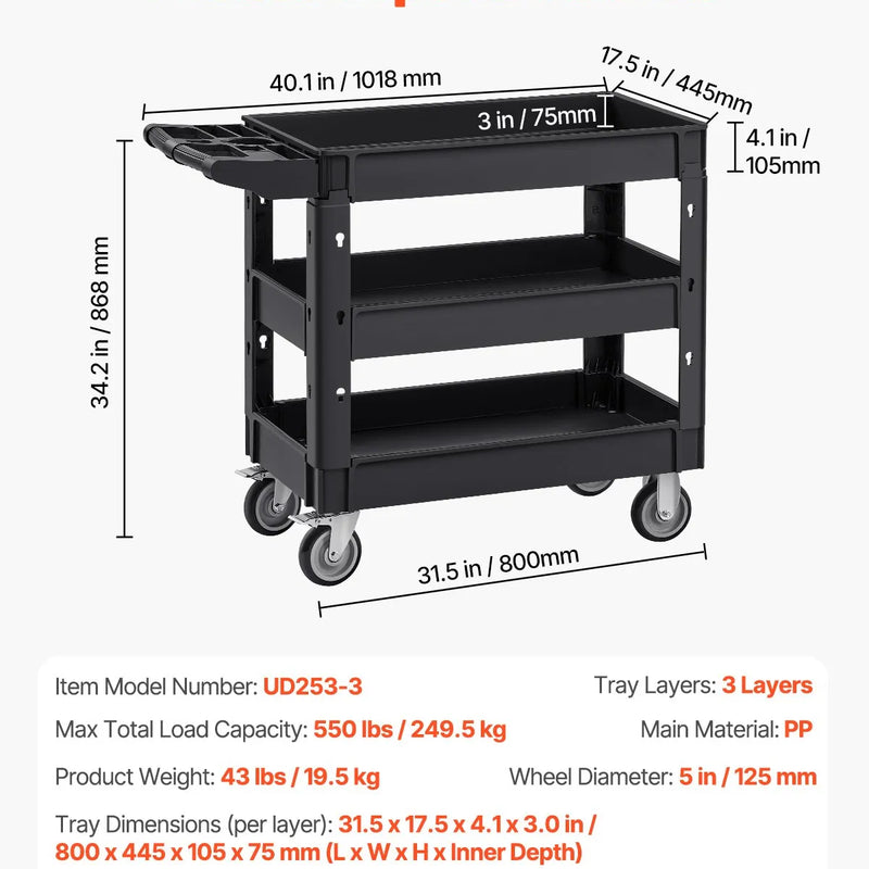 VEVOR plastmasas servisa ratiņi ar 3 plauktiem, 249,5 kg kravnesība, 360° grozāmi riteņi, 2 ar bremzēm, ergonomisks rokturis