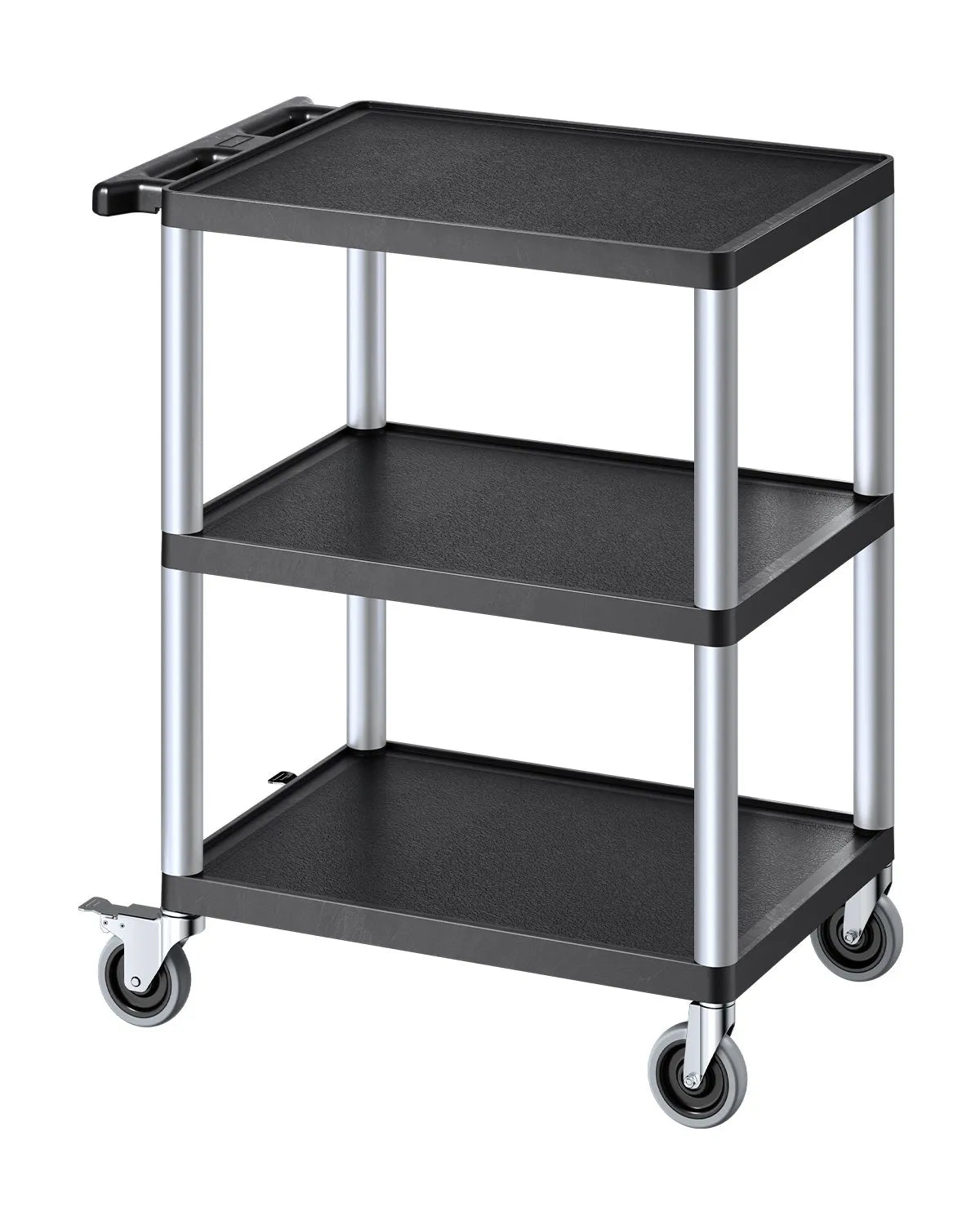 VEVOR 3 plauktu lielas slodzes plastmasas servisa ratiņi, 136 kg, 70,1 × 46 cm, ar 360° grozāmiem riteņiem un bremzēm