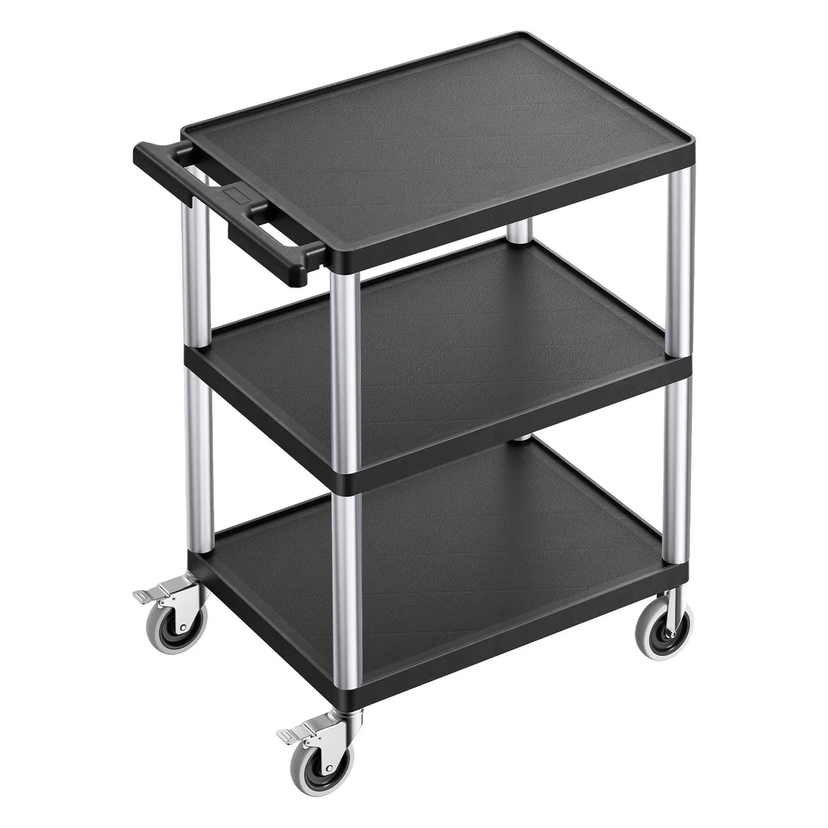 VEVOR 3 plauktu lielas slodzes plastmasas servisa ratiņi, 136 kg, 70,1 × 46 cm, ar 360° grozāmiem riteņiem un bremzēm