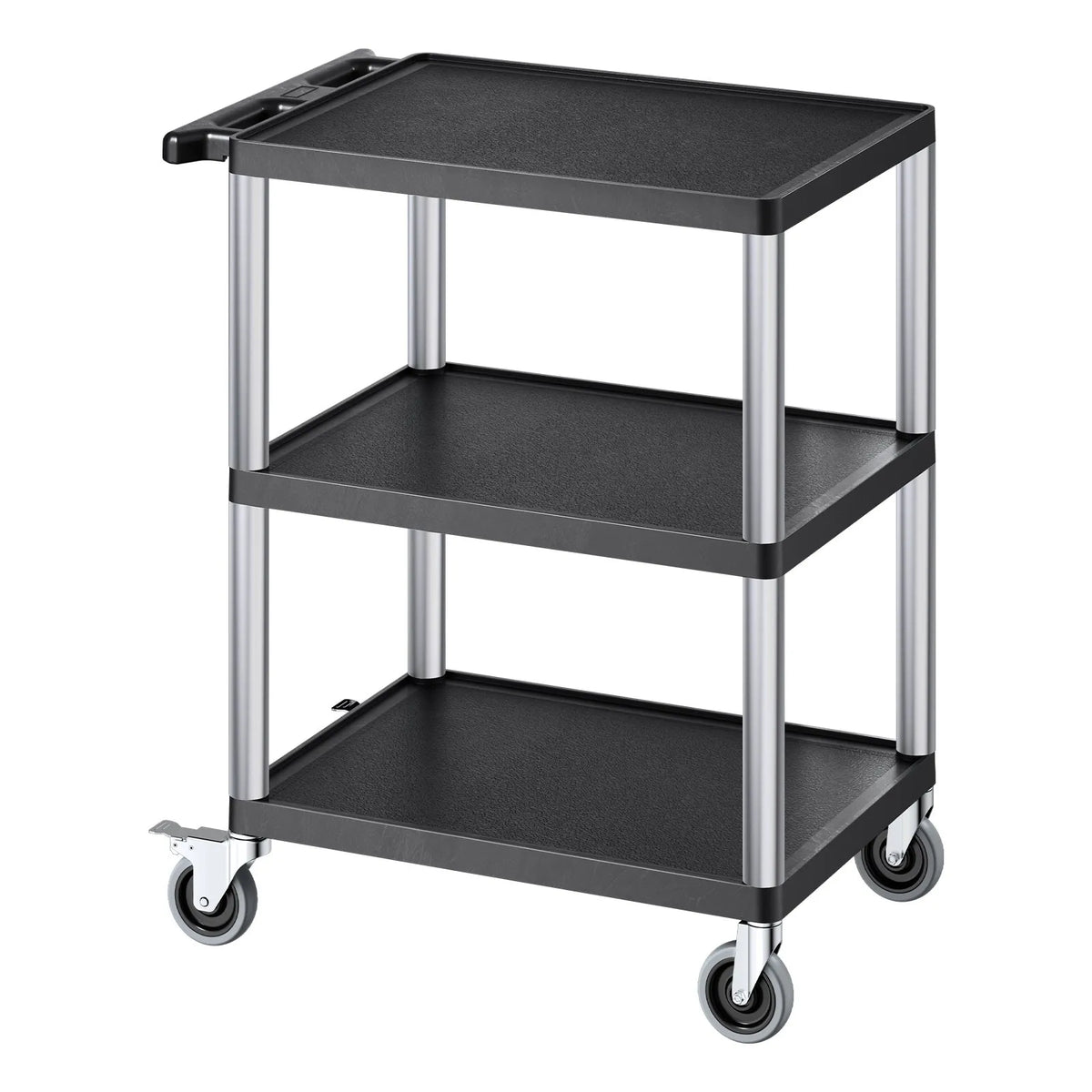 VEVOR 3 plauktu lielas slodzes plastmasas servisa ratiņi, 136 kg, 70,1 × 46 cm, ar 360° grozāmiem riteņiem un bremzēm
