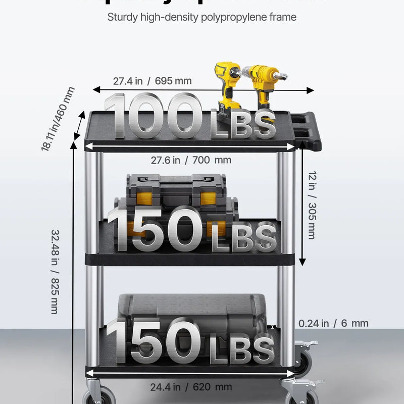 VEVOR 3 plauktu lielas slodzes plastmasas servisa ratiņi, 136 kg, 70,1 × 46 cm, ar 360° grozāmiem riteņiem un bremzēm