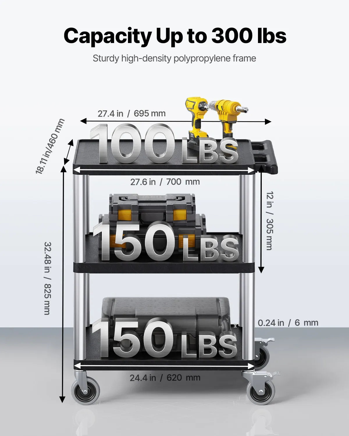 VEVOR 3 plauktu lielas slodzes plastmasas servisa ratiņi, 136 kg, 70,1 × 46 cm, ar 360° grozāmiem riteņiem un bremzēm