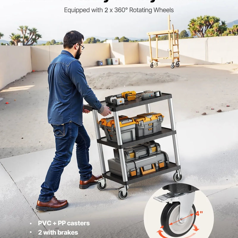 VEVOR 3 plauktu lielas slodzes plastmasas servisa ratiņi, 136 kg, 70,1 × 46 cm, ar 360° grozāmiem riteņiem un bremzēm