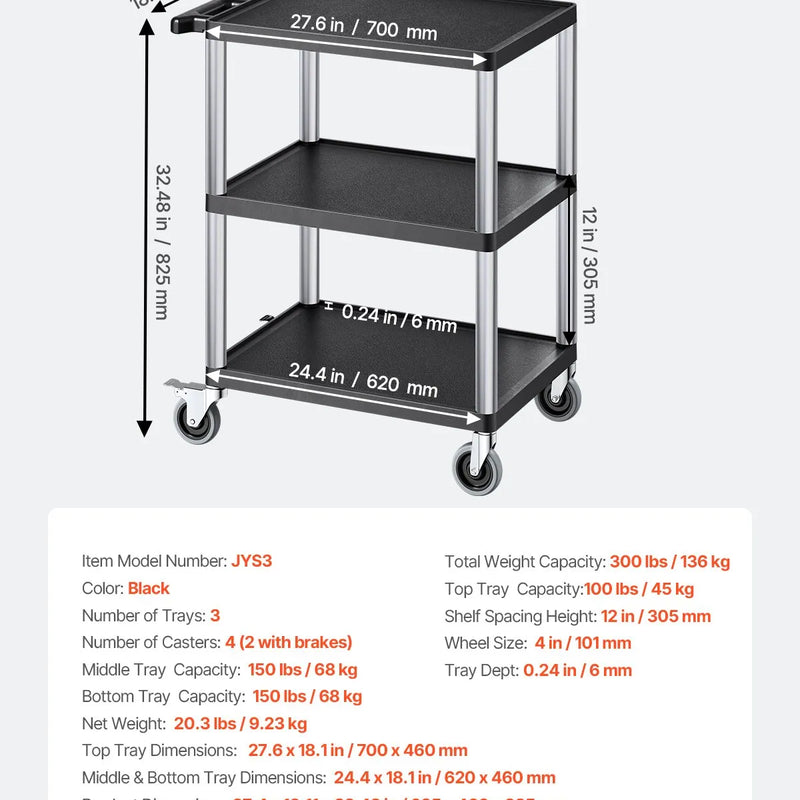 VEVOR 3 plauktu lielas slodzes plastmasas servisa ratiņi, 136 kg, 70,1 × 46 cm, ar 360° grozāmiem riteņiem un bremzēm