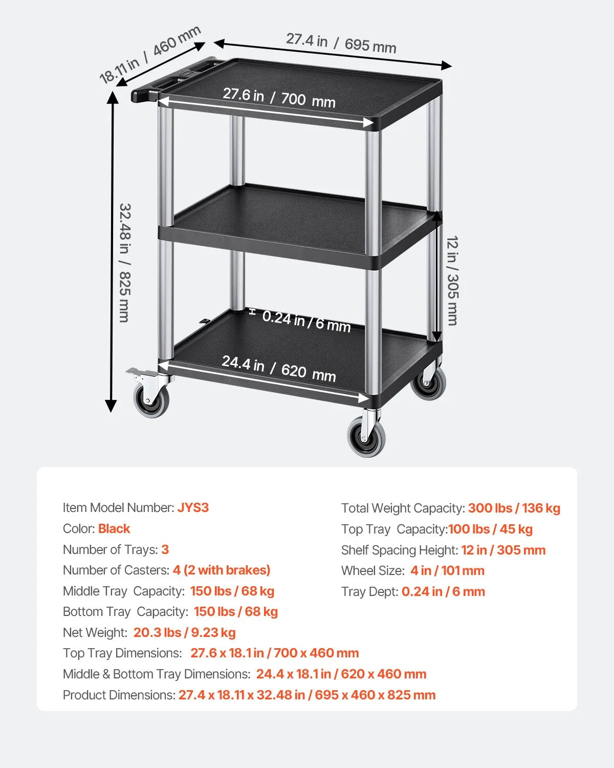 VEVOR 3 plauktu lielas slodzes plastmasas servisa ratiņi, 136 kg, 70,1 × 46 cm, ar 360° grozāmiem riteņiem un bremzēm