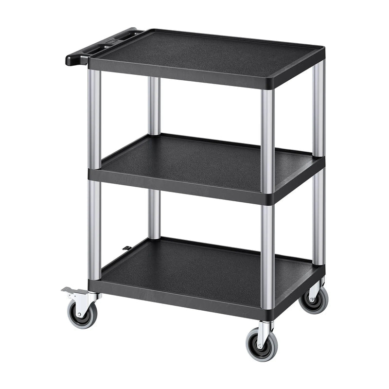 VEVOR 3 plauktu lielas slodzes plastmasas servisa ratiņi, 136 kg, 70,1 × 46 cm, ar 360° grozāmiem riteņiem un bremzēm