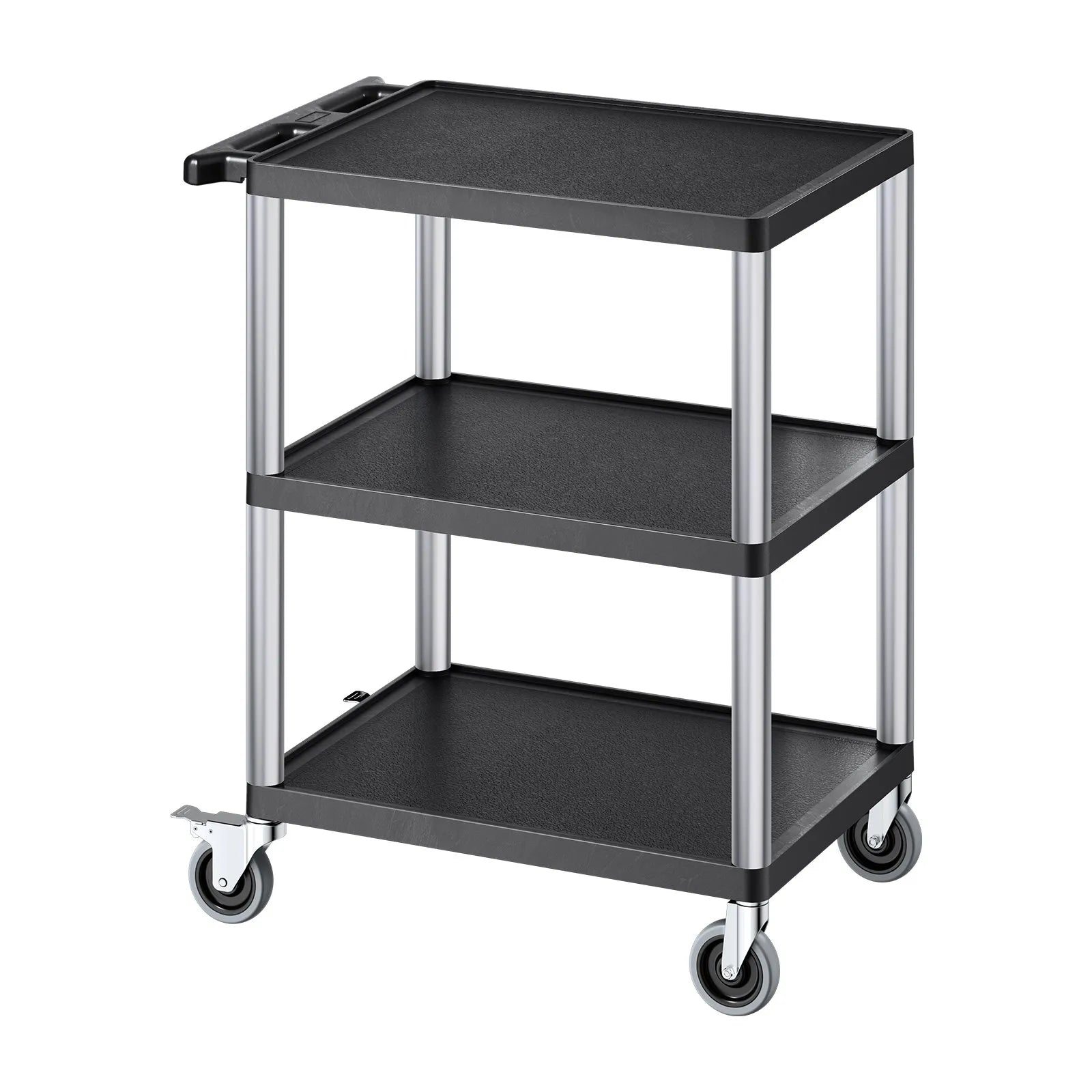 VEVOR 3 plauktu lielas slodzes plastmasas servisa ratiņi, 136 kg, 70,1 × 46 cm, ar 360° grozāmiem riteņiem un bremzēm