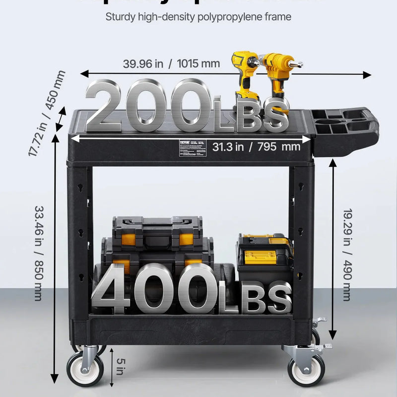 VEVOR 2 plauktu lielas slodzes plastmasas servisa ratiņi, 249,5 kg, 79,5 × 45 cm, ar 360° grozāmiem riteņiem un bremzēm