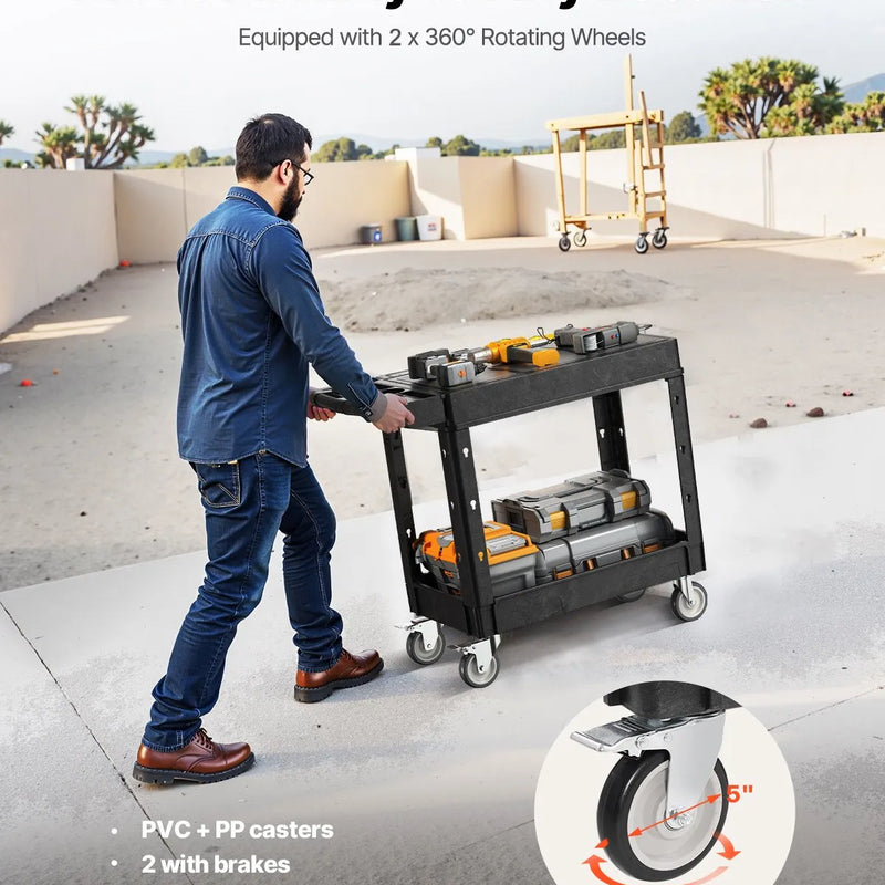 VEVOR 2 plauktu lielas slodzes plastmasas servisa ratiņi, 249,5 kg, 79,5 × 45 cm, ar 360° grozāmiem riteņiem un bremzēm