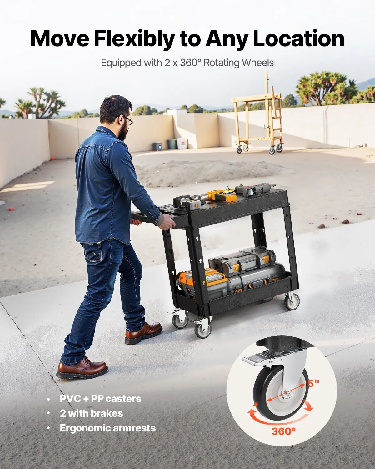VEVOR 2 plauktu lielas slodzes plastmasas servisa ratiņi, 249,5 kg, 79,5 × 45 cm, ar 360° grozāmiem riteņiem un bremzēm
