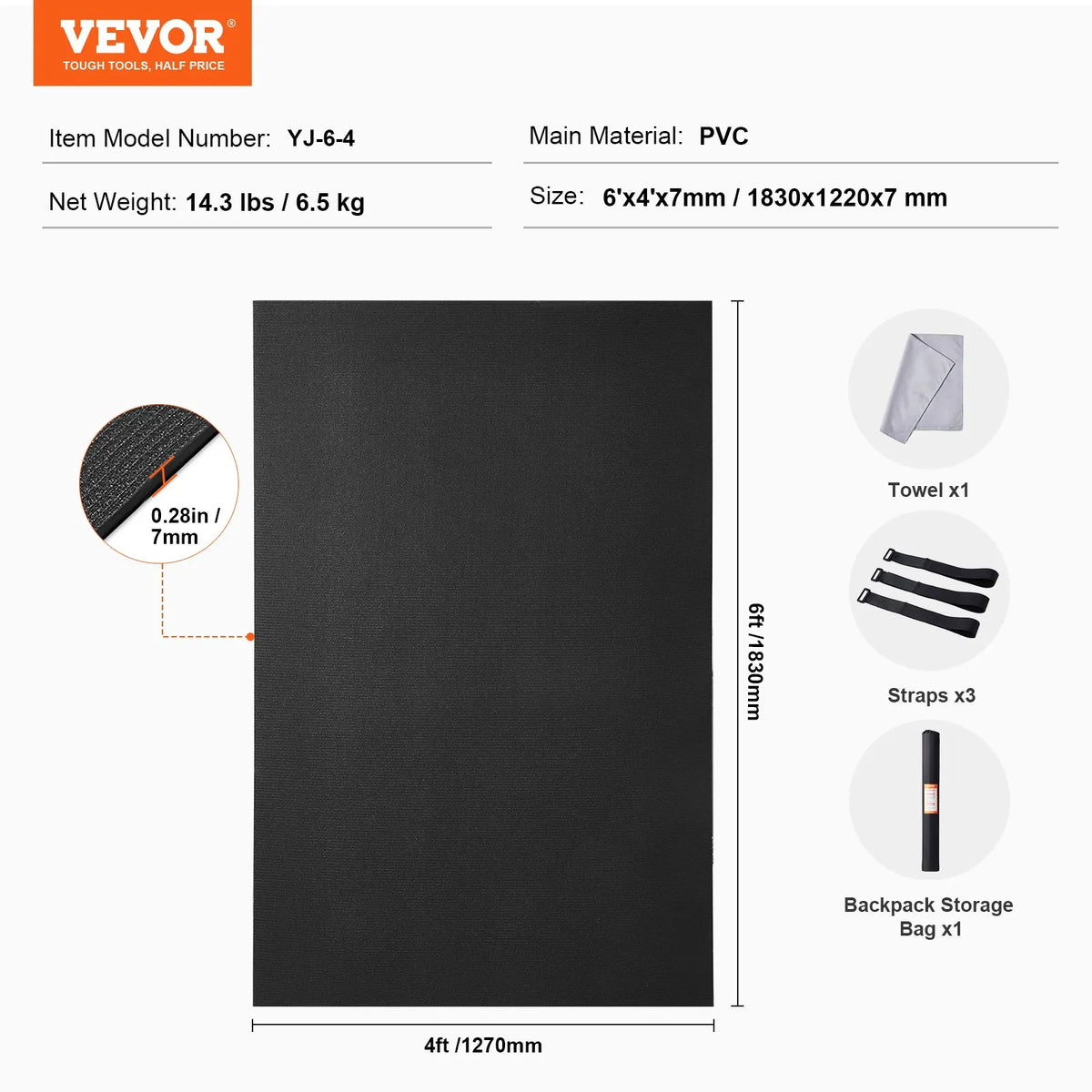 VEVOR Vingrošanas paklājiņš – neslīdošs jogas paklājiņš trenažieru zālei, fitnesam, pilatēm un vingrinājumiem (1,8 × 1,2 m)