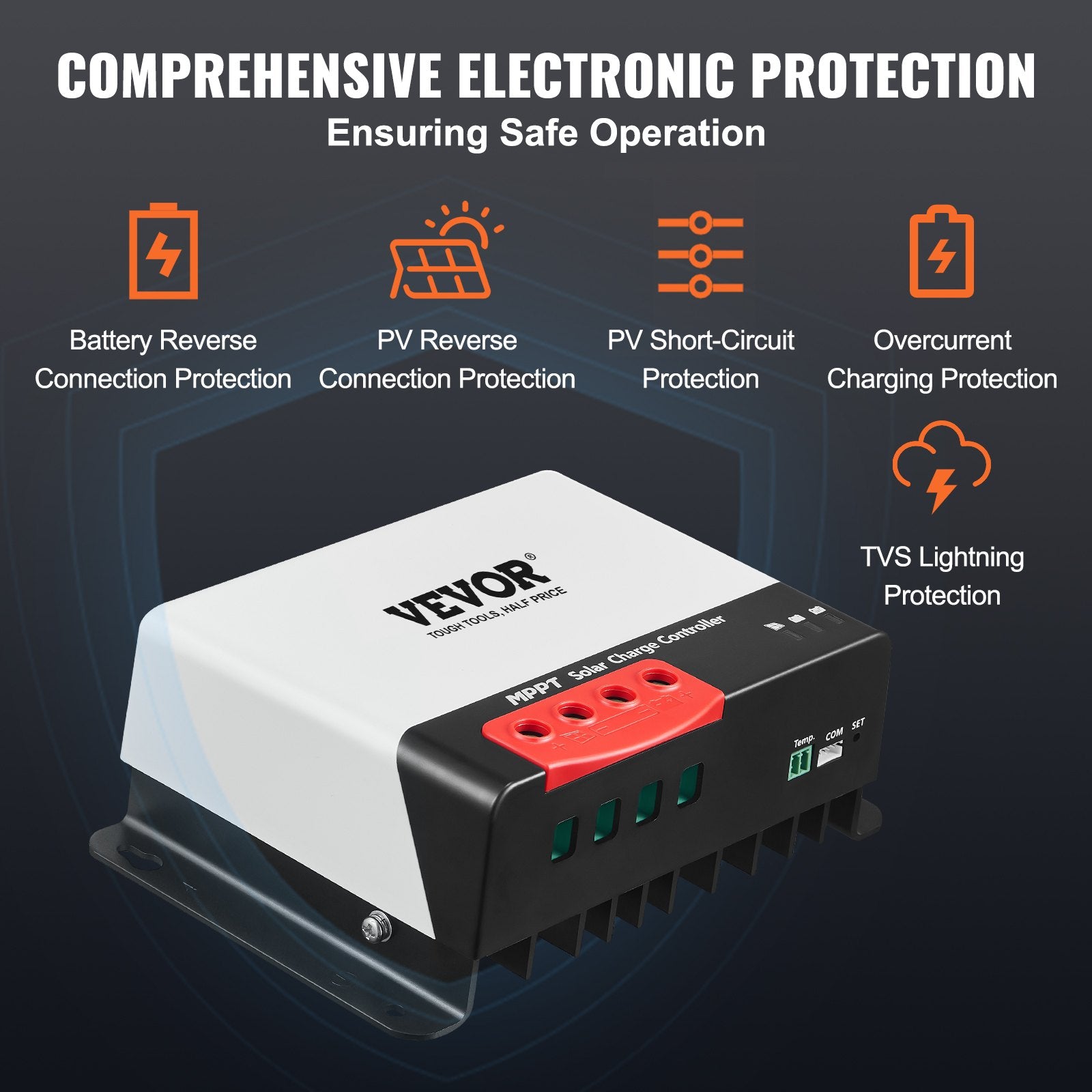 VEVOR 50A MPPT solar charge controller, 12V/24V auto DC input, solar panel controller with Bluetooth module, 98% charging efficiency, suitable for AGM, Gel, Flooded and Lithium batteries