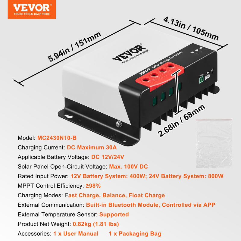 VEVOR 30A MPPT Solar Charge Controller, 12V/24V Auto DC Input, Solar Panel Regulator with Bluetooth module, 98% charging efficiency, suitable for AGM, Gel, Flooded and Lithium batteries