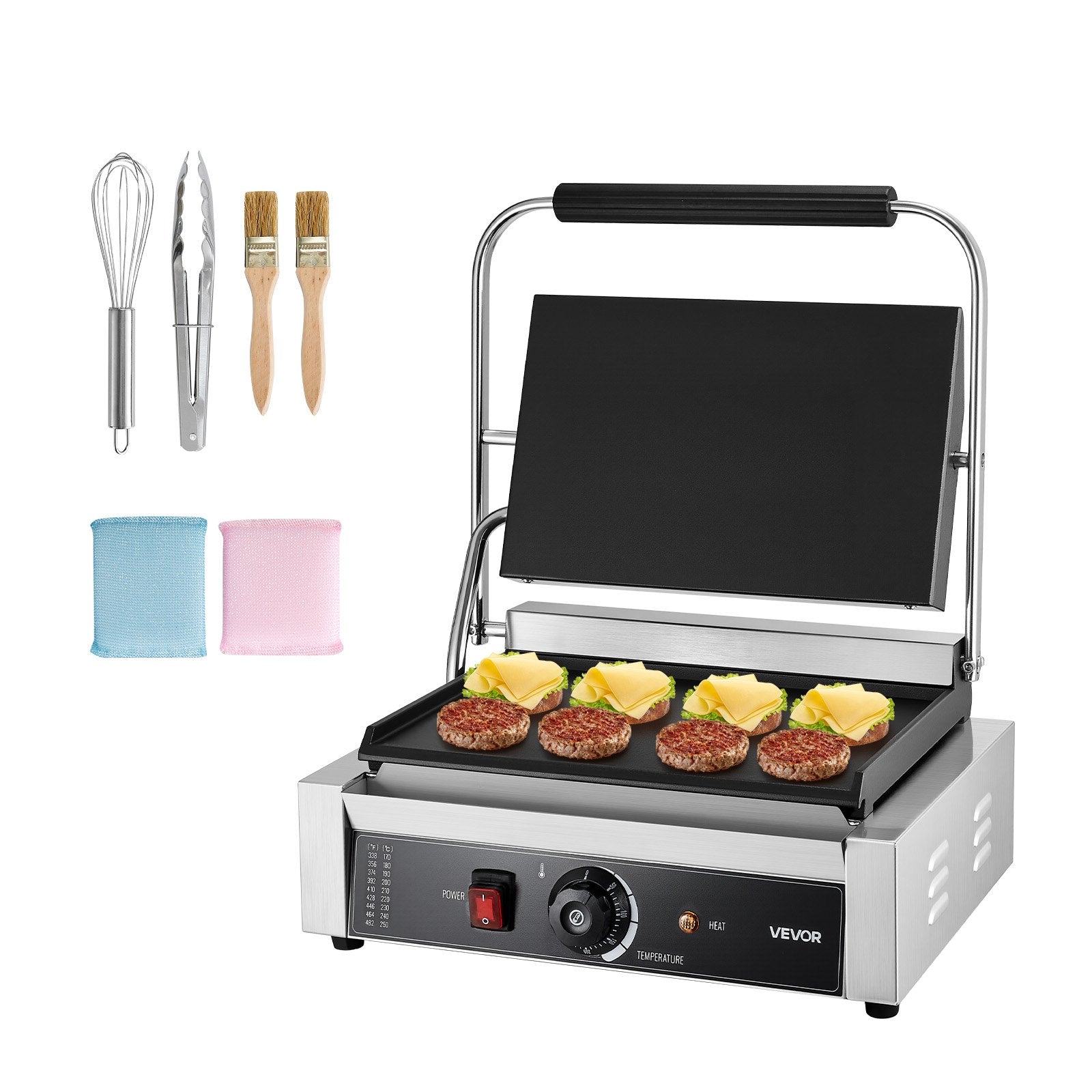 Komerciālais panini grils, 2200 W, nerūsējošais tērauds, 34x23 cm plakana emaljas plate ar temperatūras kontroli