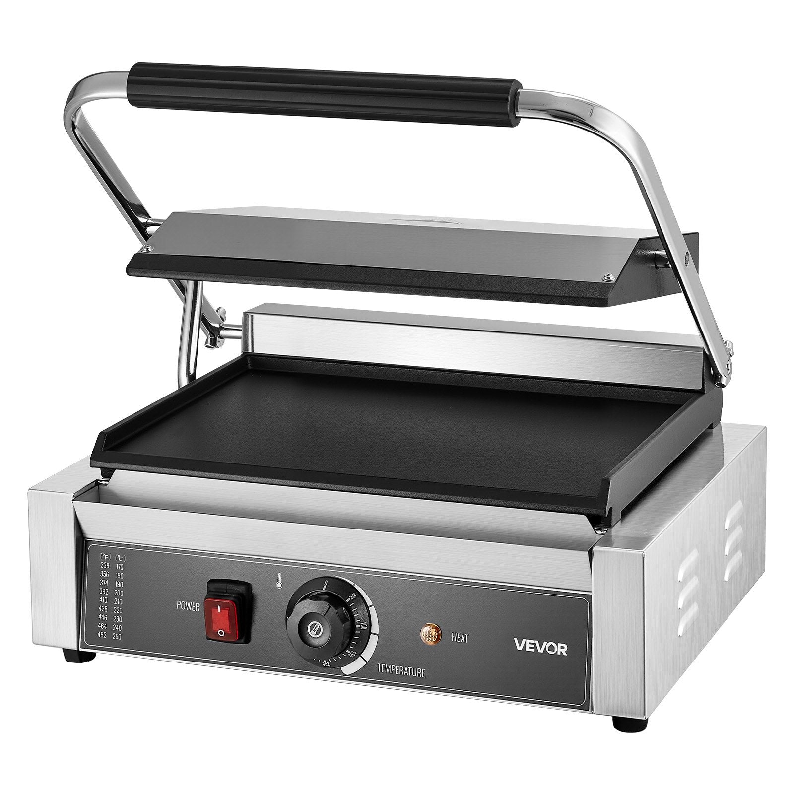 Komerciālais panini grils, 2200 W, nerūsējošais tērauds, 34x23 cm plakana emaljas plate ar temperatūras kontroli