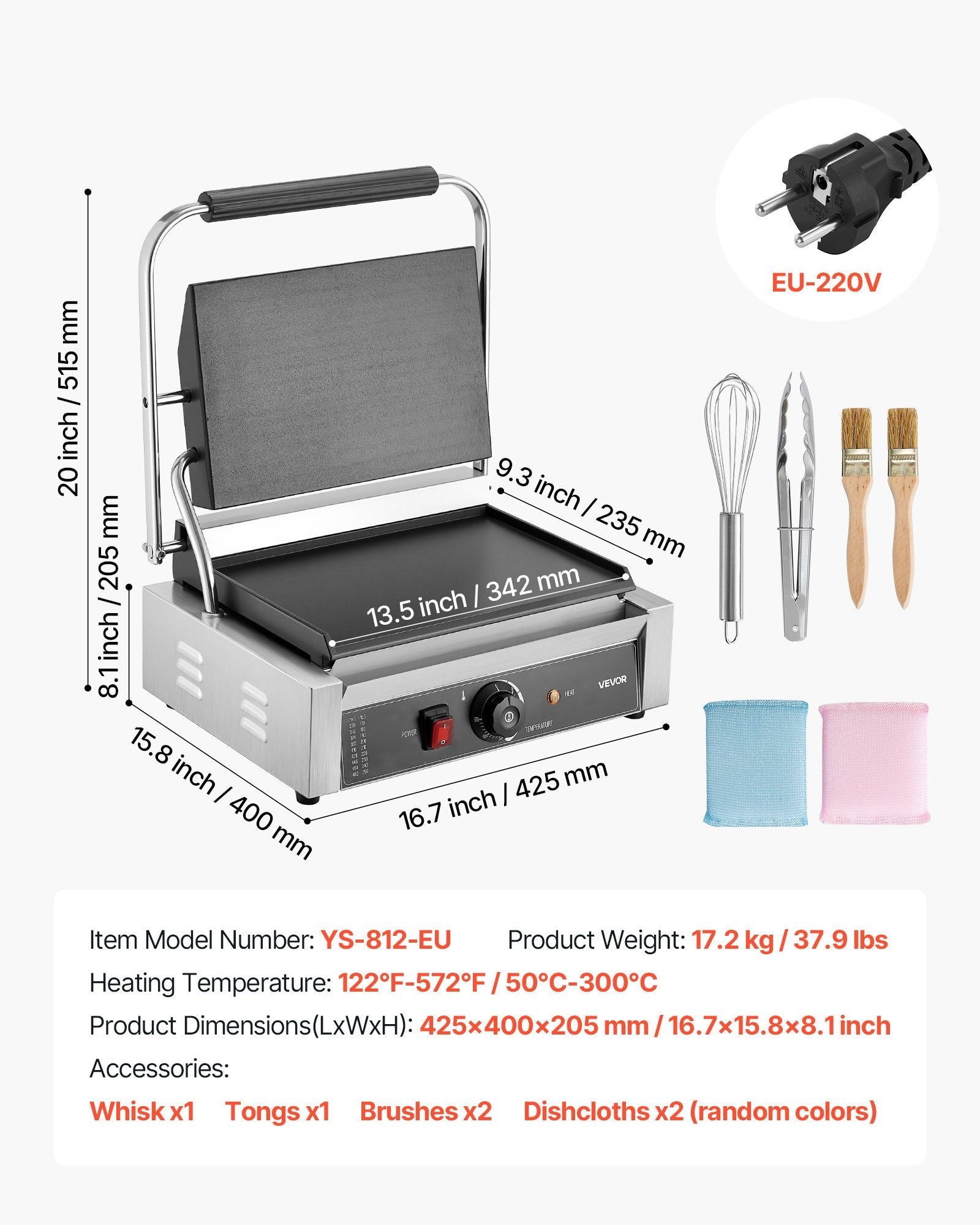 Komerciālais panini grils, 2200 W, nerūsējošais tērauds, 34x23 cm plakana emaljas plate ar temperatūras kontroli
