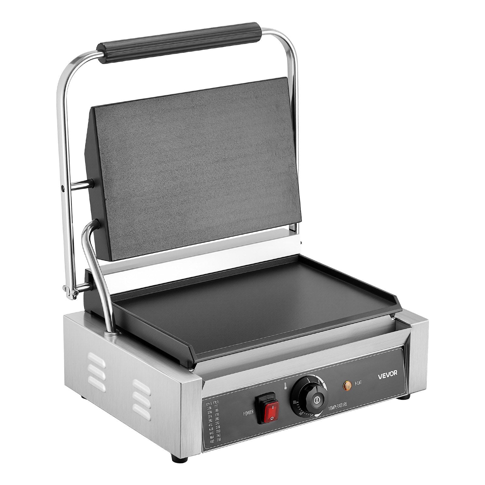 Komerciālais panini grils, 2200 W, nerūsējošais tērauds, 34x23 cm plakana emaljas plate ar temperatūras kontroli