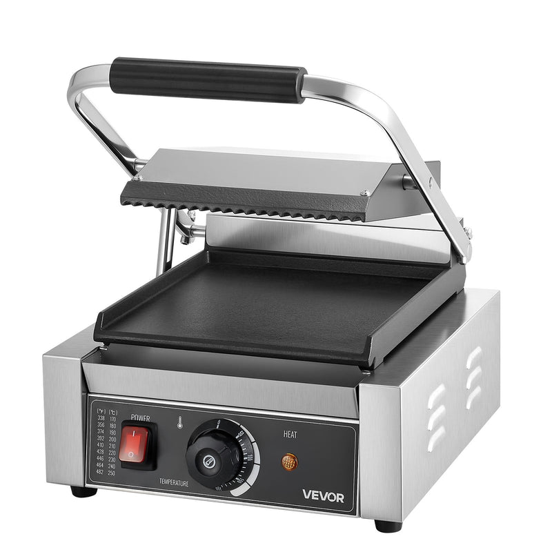Komerciālais panini grils, 1800 W elektriskā sviestmaižu prese ar rokturi un temperatūras regulēšanu, nerūsējošais tērauds, 22 × 23 cm gluda emaljas plate, piemērots hamburgeriem, steikam un bekonam