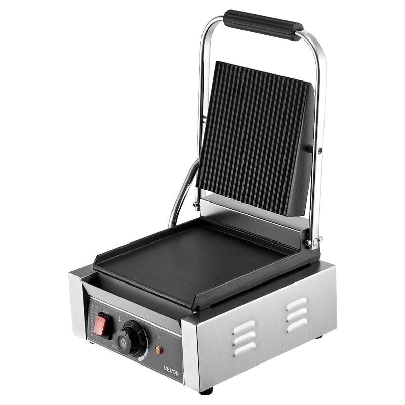 Komerciālais panini grils, 1800 W elektriskā sviestmaižu prese ar rokturi un temperatūras regulēšanu, nerūsējošais tērauds, 22 × 23 cm gluda emaljas plate, piemērots hamburgeriem, steikam un bekonam