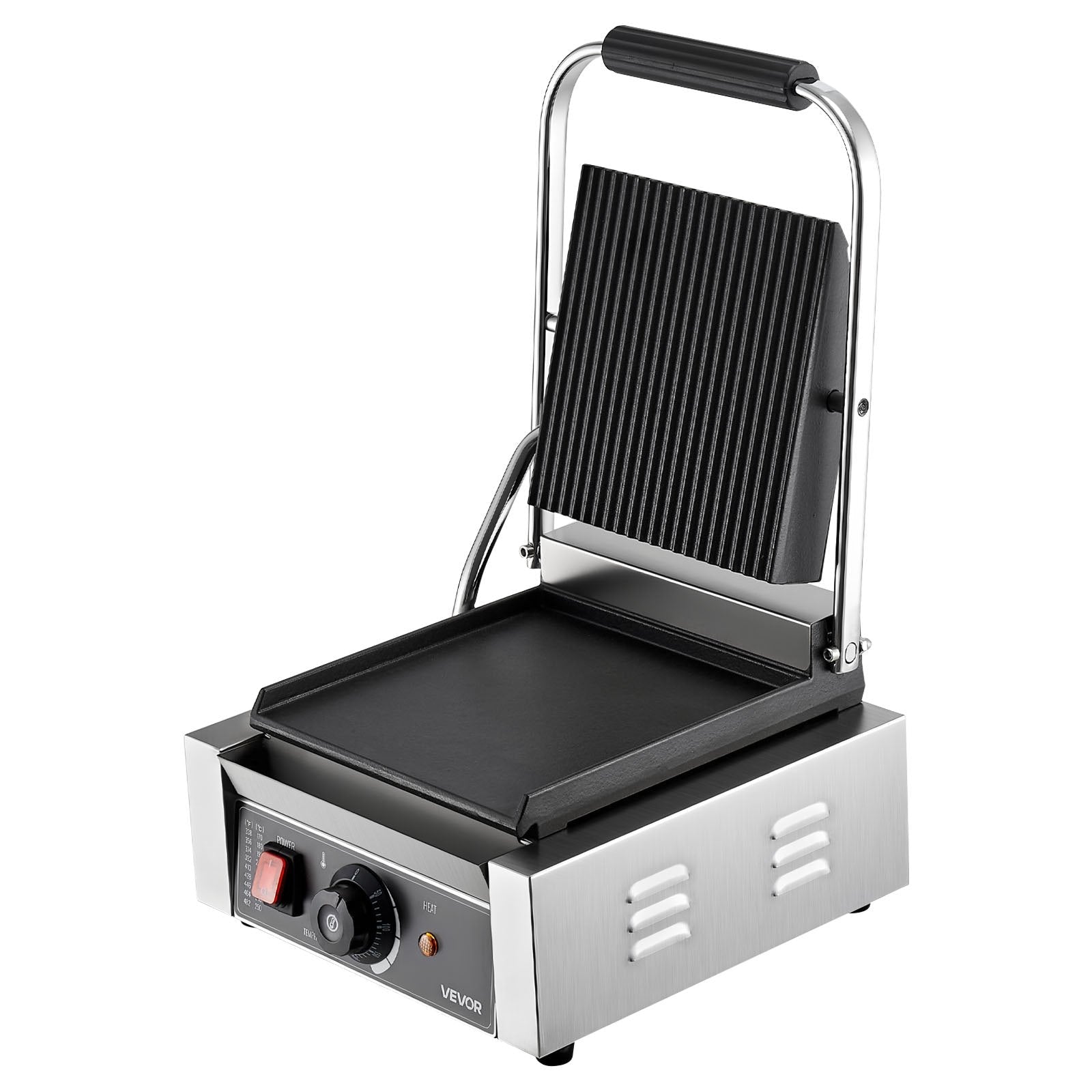 Komerciālais panini grils, 1800 W elektriskā sviestmaižu prese ar rokturi un temperatūras regulēšanu, nerūsējošais tērauds, 22 × 23 cm gluda emaljas plate, piemērots hamburgeriem, steikam un bekonam