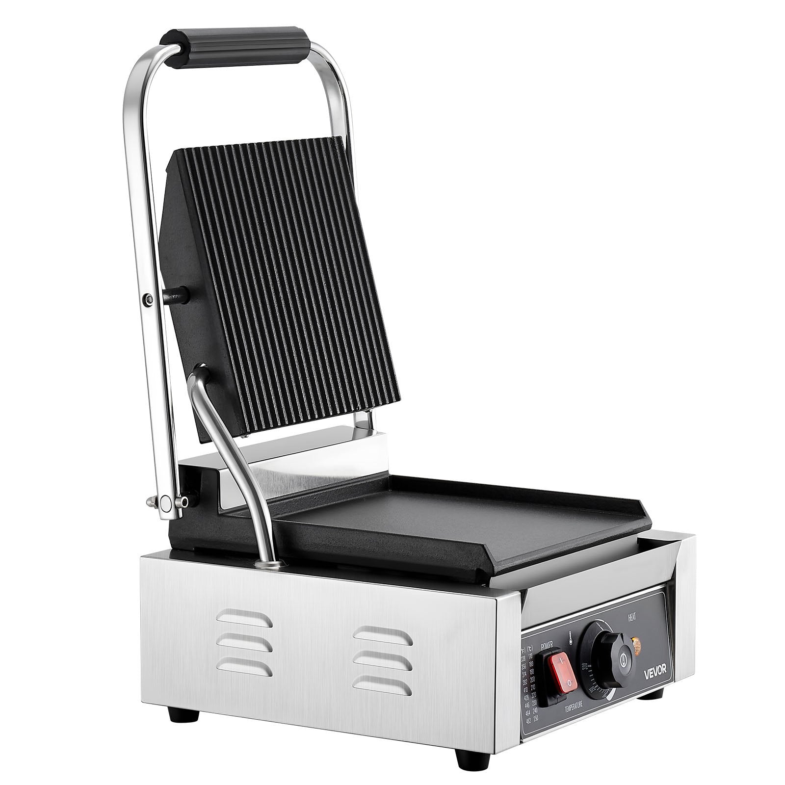 Komerciālais panini grils, 1800 W elektriskā sviestmaižu prese ar rokturi un temperatūras regulēšanu, nerūsējošais tērauds, 22 × 23 cm gluda emaljas plate, piemērots hamburgeriem, steikam un bekonam