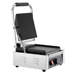 Komerciālais panini grils, 1800 W elektriskā sviestmaižu prese ar rokturi un temperatūras regulēšanu, nerūsējošais tērauds, 22 × 23 cm gluda emaljas plate, piemērots hamburgeriem, steikam un bekonam