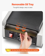 Komerciālais panini grils, 1800 W elektriskā sviestmaižu prese ar rokturi un temperatūras regulēšanu, nerūsējošais tērauds, 22 × 23 cm gluda emaljas plate, piemērots hamburgeriem, steikam un bekonam