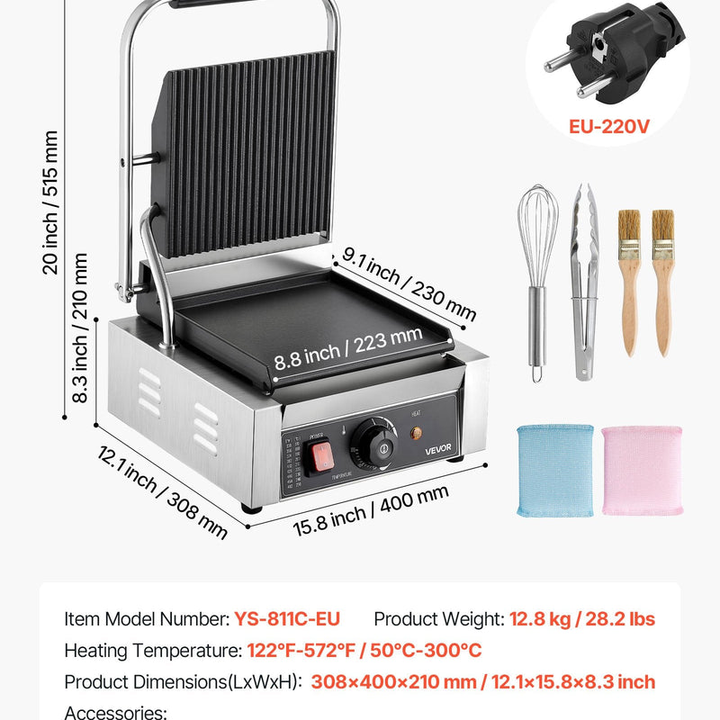 Komerciālais panini grils, 1800 W elektriskā sviestmaižu prese ar rokturi un temperatūras regulēšanu, nerūsējošais tērauds, 22 × 23 cm gluda emaljas plate, piemērots hamburgeriem, steikam un bekonam