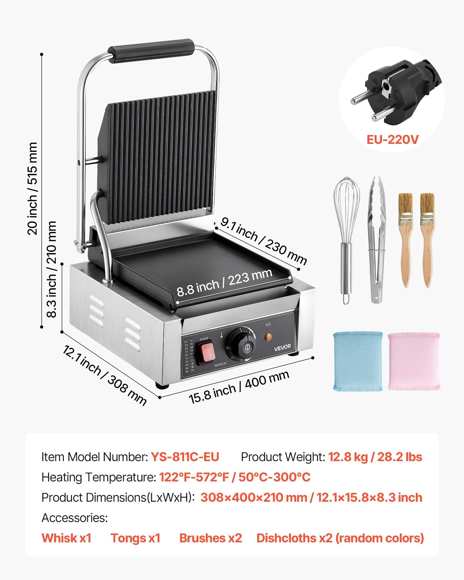 Komerciālais panini grils, 1800 W elektriskā sviestmaižu prese ar rokturi un temperatūras regulēšanu, nerūsējošais tērauds, 22 × 23 cm gluda emaljas plate, piemērots hamburgeriem, steikam un bekonam