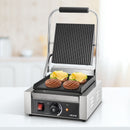 Komerciālais panini grils, 1800 W elektriskā sviestmaižu prese ar rokturi un temperatūras regulēšanu, nerūsējošais tērauds, 22 × 23 cm gluda emaljas plate, piemērots hamburgeriem, steikam un bekonam