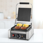 Komerciālais panini grils, 1800 W elektriskā sviestmaižu prese ar rokturi un temperatūras regulēšanu, nerūsējošais tērauds, 22 × 23 cm gluda emaljas plate, piemērots hamburgeriem, steikam un bekonam