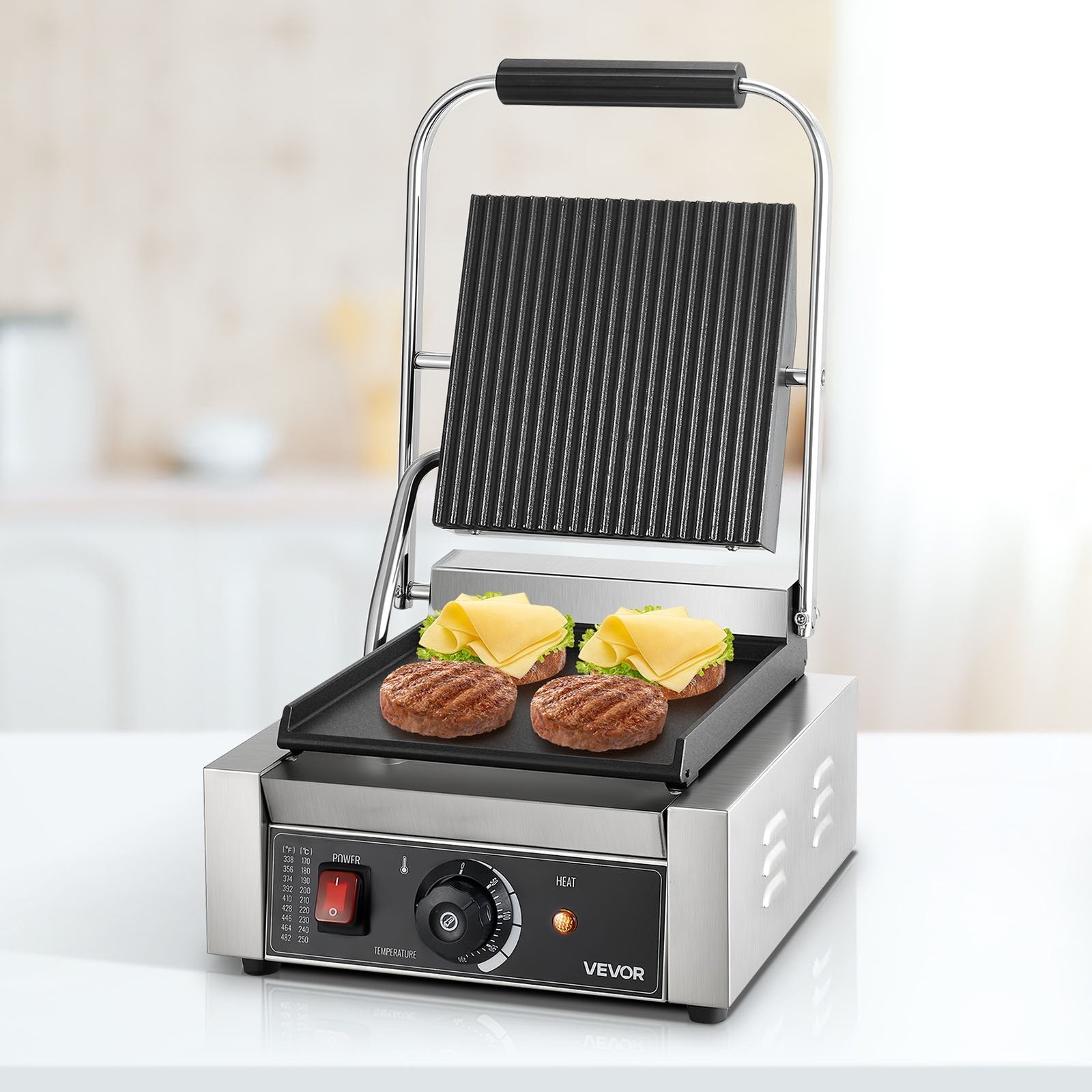 Komerciālais panini grils, 1800 W elektriskā sviestmaižu prese ar rokturi un temperatūras regulēšanu, nerūsējošais tērauds, 22 × 23 cm gluda emaljas plate, piemērots hamburgeriem, steikam un bekonam