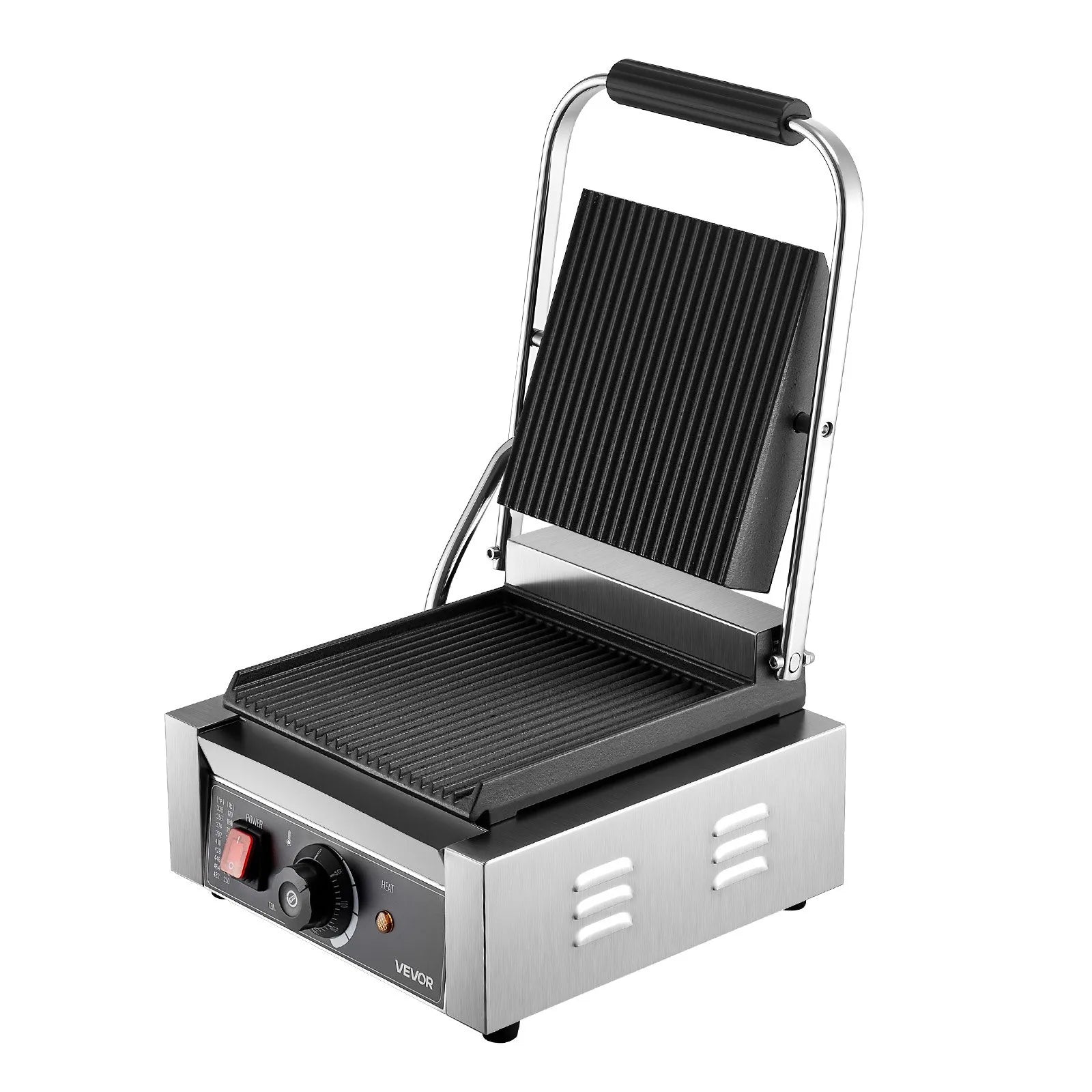 Komerciālais Panini grils 1800W, elektriskā sviestmaižu prese, nerūsējošais tērauds, temperatūras regulēšana, 22×23 cm plakana emaljas plate